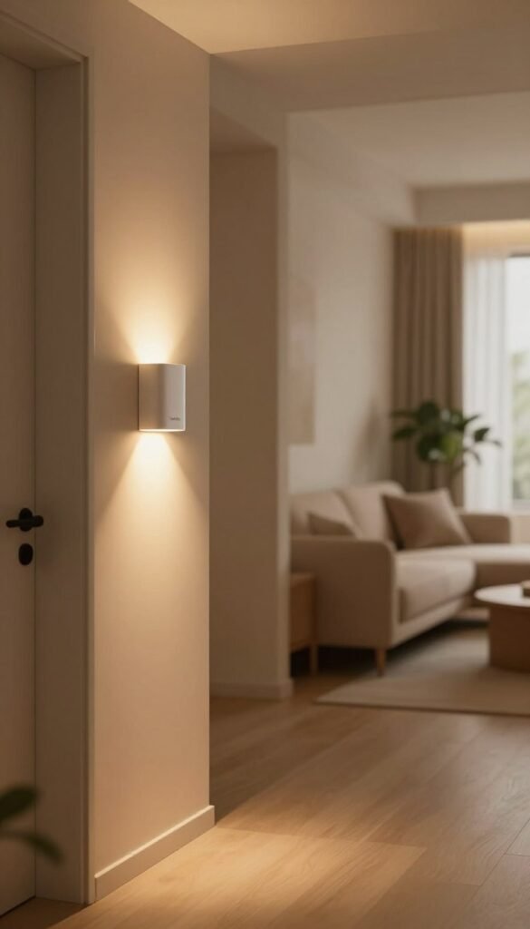 A cozy, warmly-lit interior scene showcasing a "night light guidance system" designed without glare. In the foreground, elegant LED lights softly illuminate a modern hallway, casting gentle glows on the walls. The middle ground features a sleek, minimalist design of the night light system integrated into the architecture, highlighting its functionality and aesthetic appeal. The background shows a tastefully furnished living room, with a hint of greenery visible through a window, enhancing the natural atmosphere. The lighting is soft and inviting, creating a sense of tranquility. Capture this scene with a shallow depth of field, emphasizing the night light system while blurring the background slightly for a Pinterest-like aesthetic. Incorporate the brand name "TechKiste" subtly within the design, ensuring a harmonious blend with the overall ambiance.
