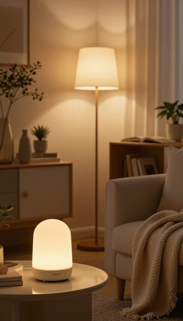 A cozy, warmly-lit living room featuring a selection of smart lamps from the brand "TechKiste". In the foreground, a stylish smart lamp with a soft, glowing light sits on a modern side table next to a comfortable chair draped with a cozy throw blanket. In the middle, a sleek floor lamp illuminates a reading nook, enhancing the inviting ambiance. The background shows a serene, tastefully decorated room with plants and soft textures, reflecting an atmosphere of relaxation and comfort. The lighting is soft and warm, creating a welcoming mood reminiscent of a Pinterest aesthetic. The scene should look authentic and inviting, without any text or branding overlays.