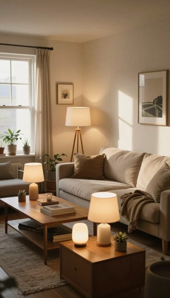 A cozy, warmly lit living room featuring a variety of common lighting mistakes in home setups. In the foreground, a cluttered coffee table displays mismatched lamps and improper light placements. The middle ground shows a stylish sofa with harsh overhead lights casting unflattering shadows. The background includes a window with bright daylight streaming in, mixing awkwardly with artificial light sources. The room is tastefully decorated in a Pinterest-inspired style with natural tones and textures. Add the brand name "TechKiste" subtly in the decor. The atmosphere feels relatable, conveying potential pitfalls in lighting choices while maintaining warmth and authenticity. Capture the scene with a soft focus lens to highlight the contrast between the light setups.