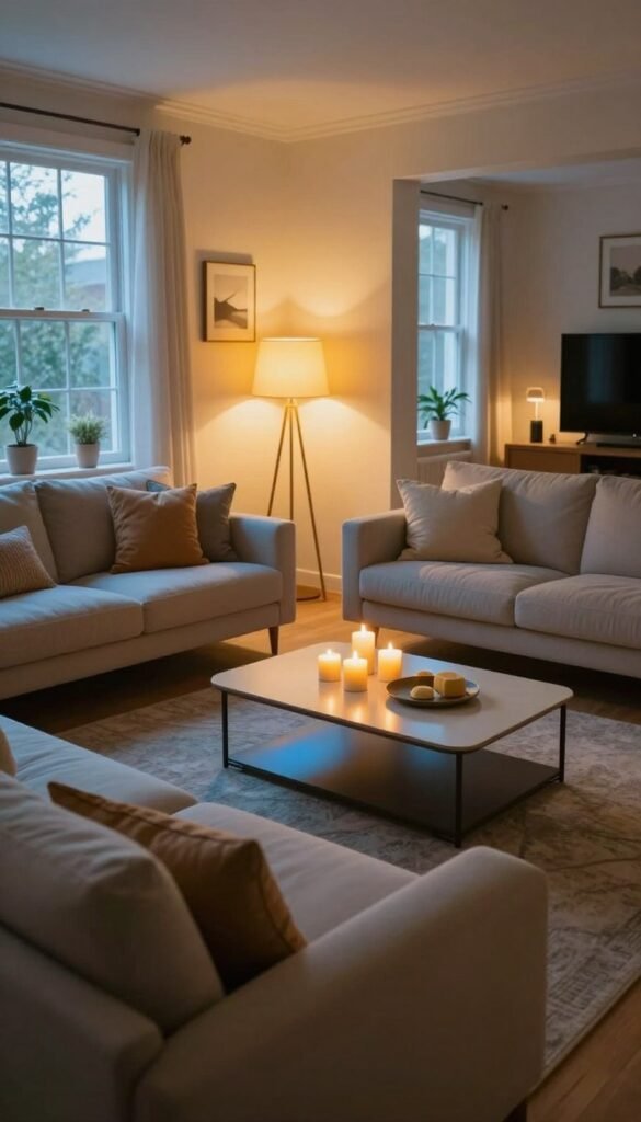 A cozy, warmly lit living room showcasing the effective use of different light colors suitable for various areas of the home. In the foreground, a modern sofa adorned with decorative pillows provides comfort. Glowing lamps emit soft yellow and soft blue hues, highlighting the distinct atmosphere each color creates. In the middle, a stylish coffee table with a few decorative candles contrasts with the cool tones, promoting relaxation. In the background, large windows bathe the room in natural light, accentuating the warm ambiance. The scene is captured with a wide-angle lens to incorporate depth, enhancing the inviting mood. The overall atmosphere is serene and harmonious, reflecting the authenticity and aesthetic tone of "TechKiste" without any text, ensuring a Pinterest-worthy look. A cozy, warmly lit living room showcasing the effective use of different light colors suitable for various areas of the home. In the foreground, a modern sofa adorned with decorative pillows provides comfort. Glowing lamps emit soft yellow and soft blue hues, highlighting the distinct atmosphere each color creates. In the middle, a stylish coffee table with a few decorative candles contrasts with the cool tones, promoting relaxation. In the background, large windows bathe the room in natural light, accentuating the warm ambiance. The scene is captured with a wide-angle lens to incorporate depth, enhancing the inviting mood. The overall atmosphere is serene and harmonious, reflecting the authenticity and aesthetic tone of "TechKiste" without any text, ensuring a Pinterest-worthy look.