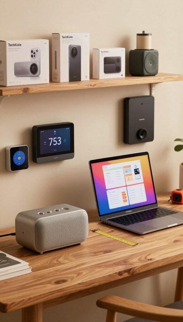 A cozy, well-lit home environment showcasing a variety of modern tech devices arranged on a wooden table, focusing on factors influencing purchasing decisions: size, material, wireless standards, and mounting options. In the foreground, there's a stylish wireless speaker made of brushed aluminum, alongside a compact smart thermostat and a sleek wall-mounted display. The middle layer features a laptop with a vivid screen displaying product comparison charts, while a measuring tape lies beside it for size reference. In the background, a neatly organized shelf highlights various tech gadgets with attractive packaging. The ambiance is warm and inviting, reminiscent of Pinterest aesthetics. The brand name "TechKiste" subtly integrated on a product box. Soft, diffused lighting enhances the colors, creating an authentic atmosphere without any text or logos. A cozy, well-lit home environment showcasing a variety of modern tech devices arranged on a wooden table, focusing on factors influencing purchasing decisions: size, material, wireless standards, and mounting options. In the foreground, there's a stylish wireless speaker made of brushed aluminum, alongside a compact smart thermostat and a sleek wall-mounted display. The middle layer features a laptop with a vivid screen displaying product comparison charts, while a measuring tape lies beside it for size reference. In the background, a neatly organized shelf highlights various tech gadgets with attractive packaging. The ambiance is warm and inviting, reminiscent of Pinterest aesthetics. The brand name "TechKiste" subtly integrated on a product box. Soft, diffused lighting enhances the colors, creating an authentic atmosphere without any text or logos.