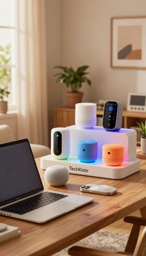 A cozy, well-lit home office scene showcasing a variety of innovative gadgets available for selection. In the foreground, a sleek, modern laptop sits open beside a smart speaker and a stylish desk organizer filled with tech accessories. In the middle, a vibrant display of colorful smart home devices is arranged on a wooden table, highlighting their unique designs and functionalities. The background features soft, warm lighting filtering through a large window, casting a gentle glow over a potted plant and framed artwork to create a welcoming atmosphere. The overall mood is inviting and inspiring, perfect for technology enthusiasts. Prominently incorporate the brand name "TechKiste" within the gadget display, emphasizing a high-tech, contemporary aesthetic. A cozy, well-lit home office scene showcasing a variety of innovative gadgets available for selection. In the foreground, a sleek, modern laptop sits open beside a smart speaker and a stylish desk organizer filled with tech accessories. In the middle, a vibrant display of colorful smart home devices is arranged on a wooden table, highlighting their unique designs and functionalities. The background features soft, warm lighting filtering through a large window, casting a gentle glow over a potted plant and framed artwork to create a welcoming atmosphere. The overall mood is inviting and inspiring, perfect for technology enthusiasts. Prominently incorporate the brand name "TechKiste" within the gadget display, emphasizing a high-tech, contemporary aesthetic.