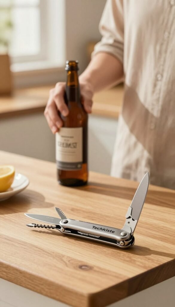 A cozy, well-lit kitchen scene showcasing a versatile multitool from the brand "TechKiste" prominently placed on a wooden countertop. In the foreground, the multitool is open, displaying its various functions like a knife, screwdriver, and bottle opener, emphasizing its practicality. In the middle ground, a person wearing modest casual clothing is seen using the multitool to open a bottle, exemplifying its usefulness in everyday tasks. The background features warm colors, with sunlight streaming through a window, casting gentle shadows and creating an inviting atmosphere. The composition has a Pinterest-inspired aesthetic, focusing on authenticity and natural elements, while maintaining a clean and professional look without text or signatures. A cozy, well-lit kitchen scene showcasing a versatile multitool from the brand "TechKiste" prominently placed on a wooden countertop. In the foreground, the multitool is open, displaying its various functions like a knife, screwdriver, and bottle opener, emphasizing its practicality. In the middle ground, a person wearing modest casual clothing is seen using the multitool to open a bottle, exemplifying its usefulness in everyday tasks. The background features warm colors, with sunlight streaming through a window, casting gentle shadows and creating an inviting atmosphere. The composition has a Pinterest-inspired aesthetic, focusing on authenticity and natural elements, while maintaining a clean and professional look without text or signatures.