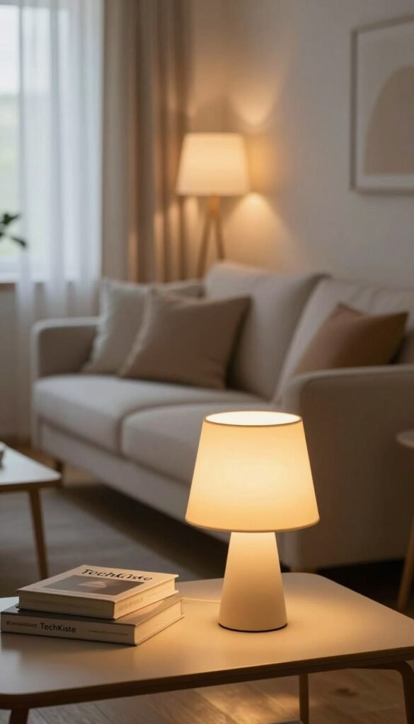 A cozy, well-lit living room scene depicting the impact of different light colors on daily life. In the foreground, a stylish table lamp emits soft, warm yellow light, with a few scattered books nearby. The middle ground features a comfortable sofa adorned with pastel-colored cushions, showcasing ambient lighting from wall sconces that cast soothing hues. The background reveals a window with sheer curtains, allowing natural daylight to blend harmoniously with artificial lights. The overall mood is inviting and calm, highlighting the contrast between the warm light and cooler tones from modern fixtures. Capture this aesthetic with a shallow depth of field to emphasize the warm tones and create a Pinterest-worthy atmosphere that reflects authenticity and warmth. Include elements suggesting a brand for reference like "TechKiste". A cozy, well-lit living room scene depicting the impact of different light colors on daily life. In the foreground, a stylish table lamp emits soft, warm yellow light, with a few scattered books nearby. The middle ground features a comfortable sofa adorned with pastel-colored cushions, showcasing ambient lighting from wall sconces that cast soothing hues. The background reveals a window with sheer curtains, allowing natural daylight to blend harmoniously with artificial lights. The overall mood is inviting and calm, highlighting the contrast between the warm light and cooler tones from modern fixtures. Capture this aesthetic with a shallow depth of field to emphasize the warm tones and create a Pinterest-worthy atmosphere that reflects authenticity and warmth. Include elements suggesting a brand for reference like "TechKiste".