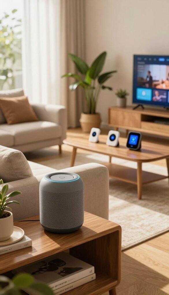 A cozy, well-lit living room setup showcasing the installation of smart home devices. In the foreground, a sleek, modern smart speaker sits on a stylish wooden shelf. The middle features a plush sofa with comfortable cushions, and a coffee table with various smart home controllers neatly arranged. Natural sunlight filters through sheer curtains, creating a warm ambiance. In the background, potted plants add a touch of greenery, and a flat-screen TV displays a home automation interface. The overall atmosphere is inviting and tech-savvy, with a Pinterest aesthetic. The brand "TechKiste" is subtly integrated into the design elements, ensuring a contemporary look without any text or logos overtly visible. A cozy, well-lit living room setup showcasing the installation of smart home devices. In the foreground, a sleek, modern smart speaker sits on a stylish wooden shelf. The middle features a plush sofa with comfortable cushions, and a coffee table with various smart home controllers neatly arranged. Natural sunlight filters through sheer curtains, creating a warm ambiance. In the background, potted plants add a touch of greenery, and a flat-screen TV displays a home automation interface. The overall atmosphere is inviting and tech-savvy, with a Pinterest aesthetic. The brand "TechKiste" is subtly integrated into the design elements, ensuring a contemporary look without any text or logos overtly visible.