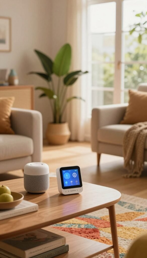 A cozy, well-lit living room showcasing a smart home setup, featuring a sleek, modern smart thermostat and integrated smart lighting that creates a warm ambiance. In the foreground, a stylish coffee table holds voice-controlled smart speakers and a smart display, indicating a connected living space. The middle ground includes comfortable furniture arranged around a vibrant area rug, with planters adding a touch of greenery. In the background, large windows allow natural light to flood the room, enhancing the inviting atmosphere. Capture this scene using soft, warm colors reminiscent of a Pinterest aesthetic, ensuring authenticity and warmth. The logo "TechKiste" is subtly included on one of the smart devices, with no text or overlays distracting from the image. A cozy, well-lit living room showcasing a smart home setup, featuring a sleek, modern smart thermostat and integrated smart lighting that creates a warm ambiance. In the foreground, a stylish coffee table holds voice-controlled smart speakers and a smart display, indicating a connected living space. The middle ground includes comfortable furniture arranged around a vibrant area rug, with planters adding a touch of greenery. In the background, large windows allow natural light to flood the room, enhancing the inviting atmosphere. Capture this scene using soft, warm colors reminiscent of a Pinterest aesthetic, ensuring authenticity and warmth. The logo "TechKiste" is subtly included on one of the smart devices, with no text or overlays distracting from the image.