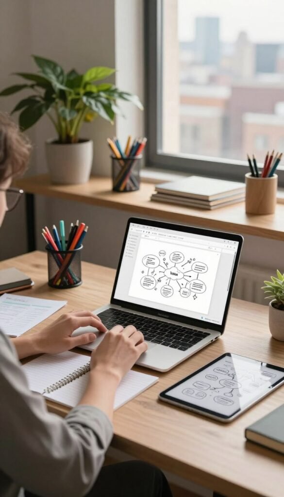 A cozy, well-lit office space featuring a sleek, modern desk with a stylish laptop opened to a smart writing application. In the foreground, a focused individual, dressed in professional business attire, thoughtfully types while surrounded by organized notes and a digital tablet showing a mind map. The middle layer showcases neatly arranged stationery, colorful pens, and a plant for a natural touch. In the background, a window reveals a bright view of a city skyline, bathing the room in warm, inviting sunlight. The atmosphere conveys productivity and calmness, ideal for smart writing, with rich, natural colors that evoke a Pinterest-worthy aesthetic. Include subtle branding elements from "TechKiste" integrated into the laptop design, without any text or overlays.