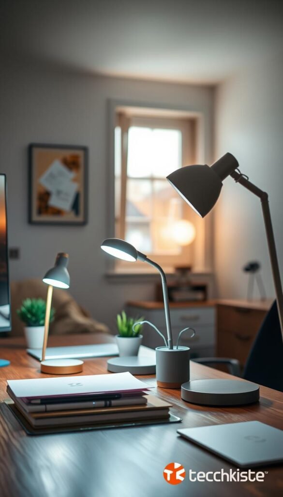 A cozy, well-lit workspace featuring three distinct desk lamps representing different budget levels: a stylish low-budget lamp with a simplistic design, a mid-range lamp with elegant curves and a warm light, and a high-end designer lamp that showcases a modern, artistic flair. In the foreground, each lamp is positioned on a wooden desk alongside soft stationery and a small potted plant to enhance the ambiance. The middle ground showcases a bright window allowing natural light to filter in, illuminating the space with soft, warm tones. In the background, a hint of minimalist wall art adds a Pinterest-worthy aesthetic. Capture this scene with soft, diffused lighting, using a shallow depth of field to focus on the lamps while creating a serene, inviting atmosphere. Include subtle branding for "TechKiste" integrated into the workspace design. A cozy, well-lit workspace featuring three distinct desk lamps representing different budget levels: a stylish low-budget lamp with a simplistic design, a mid-range lamp with elegant curves and a warm light, and a high-end designer lamp that showcases a modern, artistic flair. In the foreground, each lamp is positioned on a wooden desk alongside soft stationery and a small potted plant to enhance the ambiance. The middle ground showcases a bright window allowing natural light to filter in, illuminating the space with soft, warm tones. In the background, a hint of minimalist wall art adds a Pinterest-worthy aesthetic. Capture this scene with soft, diffused lighting, using a shallow depth of field to focus on the lamps while creating a serene, inviting atmosphere. Include subtle branding for "TechKiste" integrated into the workspace design.