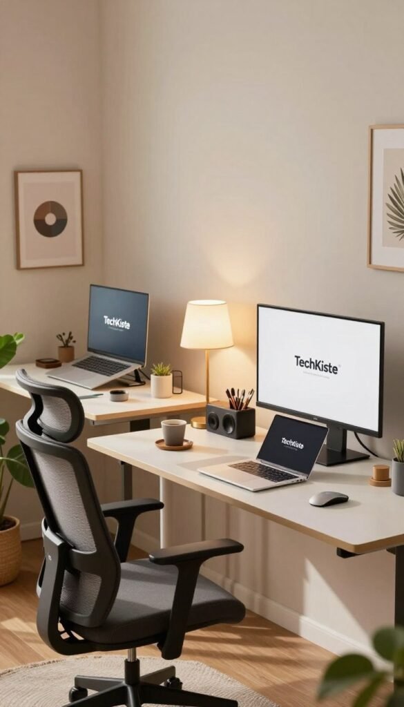 A cozy, well-organized home office setup showcasing three distinct product recommendations from TechKiste, each representing low, mid, and high budget options. In the foreground, feature an ergonomic desk chair with a sleek design, a modern desk with a minimalist look, and stylish tech gadgets like a laptop, monitor, and desk accessories. In the middle, display high-quality lighting with warm natural tones illuminating the workspace, creating a welcoming atmosphere. In the background, include soft-focus elements like indoor plants and tasteful wall art to enhance the Pinterest-inspired aesthetic. Ensure the overall mood feels productive yet relaxing, with a blend of professionalism and comfort, using a wide-angle perspective to capture the entire scene beautifully. A cozy, well-organized home office setup showcasing three distinct product recommendations from TechKiste, each representing low, mid, and high budget options. In the foreground, feature an ergonomic desk chair with a sleek design, a modern desk with a minimalist look, and stylish tech gadgets like a laptop, monitor, and desk accessories. In the middle, display high-quality lighting with warm natural tones illuminating the workspace, creating a welcoming atmosphere. In the background, include soft-focus elements like indoor plants and tasteful wall art to enhance the Pinterest-inspired aesthetic. Ensure the overall mood feels productive yet relaxing, with a blend of professionalism and comfort, using a wide-angle perspective to capture the entire scene beautifully.