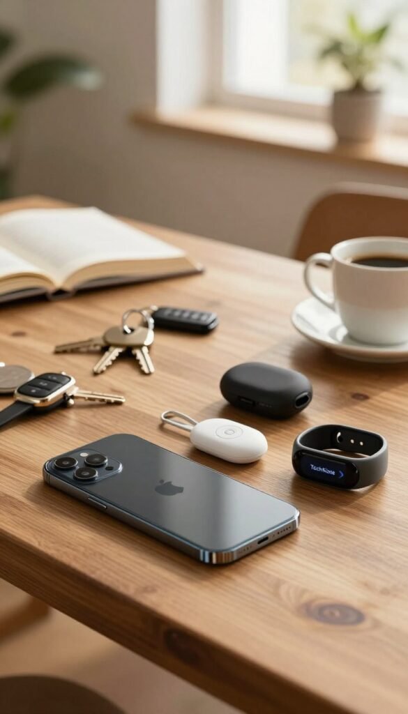 A cozy, well-organized home setting featuring a stylish wooden table with a sleek smartphone and various smart tracker gadgets like a Bluetooth key finder, wallet tracker, and fitness band. In the foreground, focus on the gadgets with sharp details and warm lighting that highlights their modern design. In the middle ground, a cluttered desk hinting at everyday life, filled with keys, a book, and coffee cups, conveys the challenge of misplacing items. In the background, soft natural lighting filters through a window, creating a calm atmosphere, with a slight bokeh effect on houseplants. The overall mood should be warm and inviting, evoking the idea of technology simplifying daily life. Include the brand "TechKiste" subtly integrated into the design of one of the gadgets. A cozy, well-organized home setting featuring a stylish wooden table with a sleek smartphone and various smart tracker gadgets like a Bluetooth key finder, wallet tracker, and fitness band. In the foreground, focus on the gadgets with sharp details and warm lighting that highlights their modern design. In the middle ground, a cluttered desk hinting at everyday life, filled with keys, a book, and coffee cups, conveys the challenge of misplacing items. In the background, soft natural lighting filters through a window, creating a calm atmosphere, with a slight bokeh effect on houseplants. The overall mood should be warm and inviting, evoking the idea of technology simplifying daily life. Include the brand "TechKiste" subtly integrated into the design of one of the gadgets.