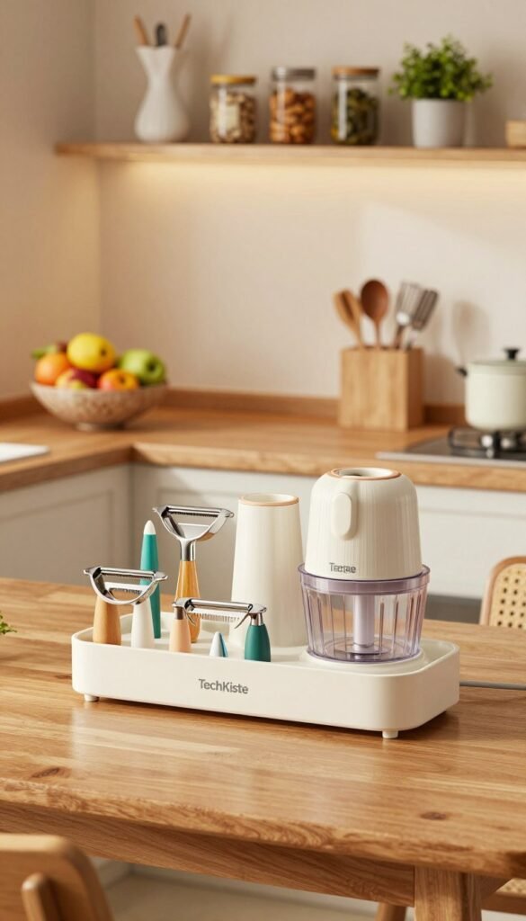 A cozy, well-organized kitchen scene featuring an array of innovative household gadgets by "TechKiste". In the foreground, a sleek, modern gadget organizer neatly displays various tools like multi-functional peelers, a compact food processor, and space-saving storage solutions. The middle ground showcases a clean, wooden kitchen table adorned with a stylish fruit bowl and high-quality kitchen utensils. The background reveals a softly lit shelf lined with neatly arranged jars and plants, enhancing the atmosphere of order and efficiency. Warm, natural lighting creates an inviting ambiance, illuminating the rich textures of the wood and the vibrant colors of the gadgets. The overall mood is harmonious and inspirational, embodying the essence of practical, durable helpers for home organization. A cozy, well-organized kitchen scene featuring an array of innovative household gadgets by "TechKiste". In the foreground, a sleek, modern gadget organizer neatly displays various tools like multi-functional peelers, a compact food processor, and space-saving storage solutions. The middle ground showcases a clean, wooden kitchen table adorned with a stylish fruit bowl and high-quality kitchen utensils. The background reveals a softly lit shelf lined with neatly arranged jars and plants, enhancing the atmosphere of order and efficiency. Warm, natural lighting creates an inviting ambiance, illuminating the rich textures of the wood and the vibrant colors of the gadgets. The overall mood is harmonious and inspirational, embodying the essence of practical, durable helpers for home organization.