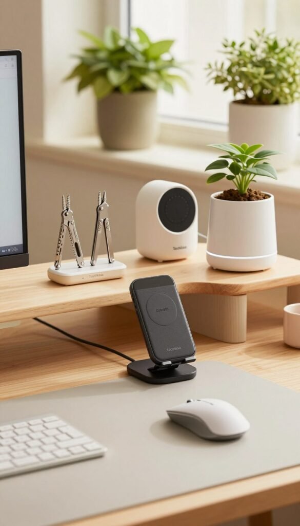 A cozy workspace filled with innovative gadgets under &euro;100, showcasing practical gifts that solve everyday problems. In the foreground, a sleek, modern desk with a stylish wireless charger, an adjustable phone stand, and an ergonomic mouse. In the middle, a well-organized shelf displays unique tools like a compact multi-tool and a smart plant irrigation system, all branded with "TechKiste." The background features a soft-lit window with green potted plants, enhancing a warm, inviting atmosphere. Use natural lighting to create a pleasant, Pinterest-inspired aesthetic with warm tones, emphasizing authenticity. The composition should have a clear depth of field, capturing the practical yet stylish essence of these gifts suitable for anyone looking to solve everyday challenges.