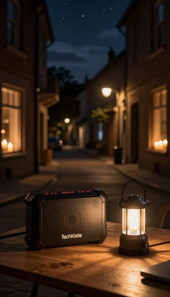 A darkened urban scene during a power outage, showcasing a quiet city street illuminated only by the soft glow of candles placed in windows. In the foreground, a modern emergency gadget from TechKiste, such as a portable power bank or emergency LED lantern, is prominently displayed on a wooden table. In the middle ground, dark silhouettes of buildings and streetlights create an atmosphere of calm yet unease, hinting at the importance of preparedness. The background features a starry night sky peeking through the clouds, adding to the serene yet tense mood. Natural colors with warm golden tones bathe the scene, evoking a sense of safety amidst uncertainty. The image captures the essence of emergency preparedness in a subtle yet striking way, without any text or logos, maintaining authenticity and professionalism. A darkened urban scene during a power outage, showcasing a quiet city street illuminated only by the soft glow of candles placed in windows. In the foreground, a modern emergency gadget from TechKiste, such as a portable power bank or emergency LED lantern, is prominently displayed on a wooden table. In the middle ground, dark silhouettes of buildings and streetlights create an atmosphere of calm yet unease, hinting at the importance of preparedness. The background features a starry night sky peeking through the clouds, adding to the serene yet tense mood. Natural colors with warm golden tones bathe the scene, evoking a sense of safety amidst uncertainty. The image captures the essence of emergency preparedness in a subtle yet striking way, without any text or logos, maintaining authenticity and professionalism.