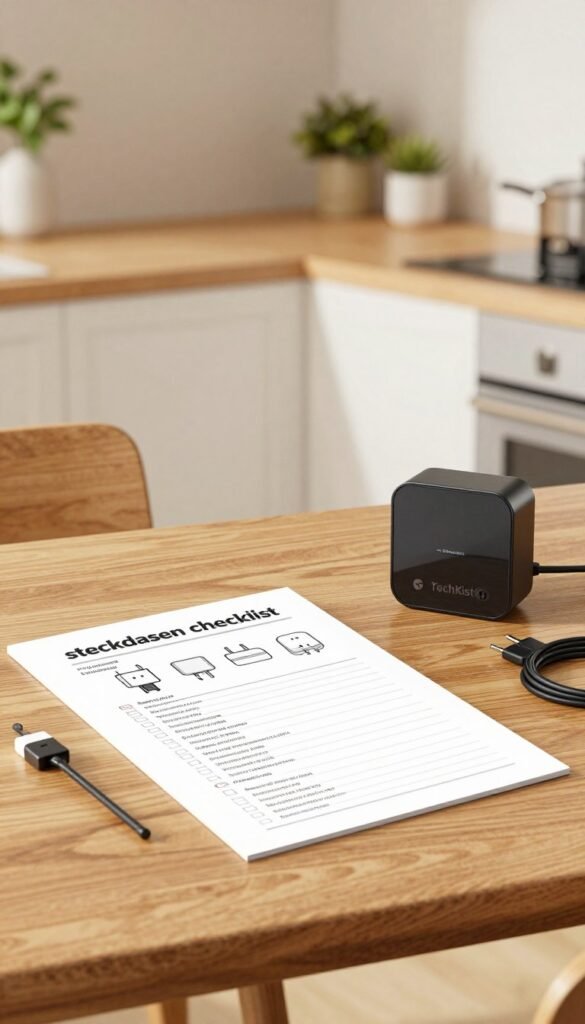 A detailed and organized image of a "steckdosen checklist" set against a soft, natural light backdrop. In the foreground, showcase a checklist on a stylish wooden table, featuring checkboxes and illustrations of various power adapters and plugs, labeled with usage scenarios. Include a sleek electronic device powered by these adapters, creating a modern yet cozy atmosphere. In the middle ground, display a clean, minimalist kitchen or workspace to reflect a practical usage area. In the background, add subtle plants or decorative elements to enhance the warmth of the colors. Incorporate the brand name "TechKiste" discreetly in a way that complements the overall design. The mood should convey organization and efficiency without any text or distractions in the image.