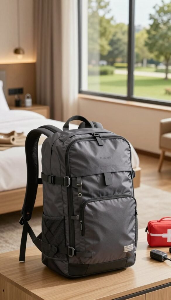 A detailed and realistic rucksack designed for travel safety, placed prominently in the foreground. The rucksack is made of durable, weather-resistant material, featuring multiple compartments for organization, and a laptop sleeve, embodying modern design principles. In the middle ground, a cozy hotel room is softly illuminated by warm, natural light filtering through a window, with neatly arranged travel gadgets like a portable lock, a personal alarm, and compact first aid kit on a table. In the background, a serene landscape view of a lush park enhances the mood, suggesting adventure and safety. The ambiance is warm and inviting, reflecting the essence of secure travel. The branding element "TechKiste" is subtly incorporated into the rucksack design without overpowering the image.