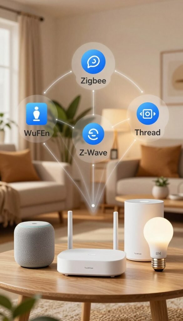 A detailed and visually engaging image showcasing various smart home communication standards including WLAN, Zigbee, Z-Wave, and Thread. In the foreground, illustrate sleek devices like smart speakers, hub routers, and light bulbs, all in a modern living room setting. The middle ground features a warm and inviting atmosphere with cozy furniture, plants, and ambient lighting to create a tech-savvy yet comfortable environment. In the background, depict a transparent representation of network signals radiating from the devices, symbolizing the connectivity of various technologies. The overall mood should be warm and inviting, with natural colors reminiscent of a Pinterest aesthetic. Ensure the elements are well-balanced, showcasing the synergy between advanced technology and home comfort, while prominently featuring the brand "TechKiste" integrated into the design seamlessly.