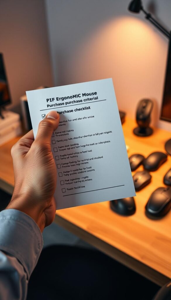 A detailed and vivid image of a hand holding a checklist featuring ergonomic mouse purchase criteria. The hand, well-groomed and showcasing a natural skin tone, is positioned prominently in the foreground. The checklist is neatly filled out, with clear, concise points emphasized. In the middle ground, a selection of various ergonomic mice is displayed, highlighting diverse shapes and colors, set against a modern, minimalist desk background adorned with a soft, warm lighting that casts gentle shadows. The atmosphere conveys a sense of professionalism and thoughtful decision-making, perfect for tech enthusiasts. The brand name "TechKiste" subtly appears on the checklist. Capture the essence of authenticity with a Pinterest-inspired aesthetic, focused on warm colors without any text, logos, or watermarks. A detailed and vivid image of a hand holding a checklist featuring ergonomic mouse purchase criteria. The hand, well-groomed and showcasing a natural skin tone, is positioned prominently in the foreground. The checklist is neatly filled out, with clear, concise points emphasized. In the middle ground, a selection of various ergonomic mice is displayed, highlighting diverse shapes and colors, set against a modern, minimalist desk background adorned with a soft, warm lighting that casts gentle shadows. The atmosphere conveys a sense of professionalism and thoughtful decision-making, perfect for tech enthusiasts. The brand name "TechKiste" subtly appears on the checklist. Capture the essence of authenticity with a Pinterest-inspired aesthetic, focused on warm colors without any text, logos, or watermarks.