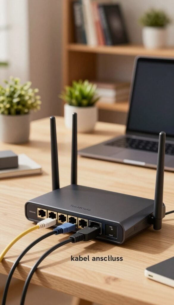 A detailed close-up image of a modern home office router, showcasing various cable connections prominently labeled for clarity. The foreground features a sleek router with multiple ports connected to Ethernet cables and a power supply, emphasizing the "kabel anschluss" concept. In the middle, a well-organized desk setup includes a laptop and some decorative plants, with warm, inviting lighting creating a cozy atmosphere. The background is softly blurred, displaying a bookshelf filled with tech books, enhancing the professional vibe. The overall mood is focused and productive, suitable for a home office environment. Include a subtle branding element of &ldquo;TechKiste&rdquo; on the router design, blending harmoniously with the scene, maintaining an authentic Pinterest aesthetic without any text or overlays.