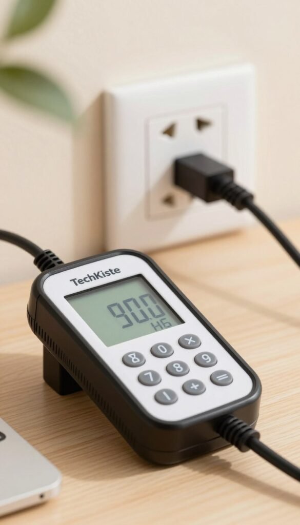 A detailed close-up of a power consumption measurement device, specifically branded "TechKiste", situated prominently in the foreground. The device should display digital readings and features clear, intuitive buttons. In the middle ground, a modern electrical socket is visible, with a power cable connected to the device, showcasing how it integrates into a typical home or office setting. The background features a softly blurred interior space with warm, natural lighting, enhancing the cozy atmosphere. The image should reflect a professional and informative mood, inviting viewers to explore the importance of measuring power consumption. Use a slightly tilted angle for a dynamic perspective, capturing the intricate details of the device and socket. Ensure the overall composition appears authentic and visually appealing, aligning with a Pinterest aesthetic. A detailed close-up of a power consumption measurement device, specifically branded "TechKiste", situated prominently in the foreground. The device should display digital readings and features clear, intuitive buttons. In the middle ground, a modern electrical socket is visible, with a power cable connected to the device, showcasing how it integrates into a typical home or office setting. The background features a softly blurred interior space with warm, natural lighting, enhancing the cozy atmosphere. The image should reflect a professional and informative mood, inviting viewers to explore the importance of measuring power consumption. Use a slightly tilted angle for a dynamic perspective, capturing the intricate details of the device and socket. Ensure the overall composition appears authentic and visually appealing, aligning with a Pinterest aesthetic.