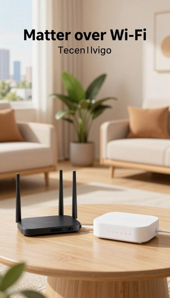 A detailed illustration contrasting Matter over Wi-Fi and Matter over Thread technologies. In the foreground, two modern smart home devices, representing both technologies, are connected to a sleek, modern Wi-Fi router and a minimalist Thread hub, adorned with subtle indicators of connectivity. In the middle ground, a comforting living room setting features warm, inviting colors with natural light coming from a window, enhancing the cozy atmosphere. Potted plants and stylish furniture complement the space, embodying a Pinterest-inspired aesthetic. The background showcases a distant view of a tech-savvy cityscape, subtly hinting at advancements in connectivity. The overall mood is friendly and informative, reflecting the essence of &ldquo;TechKiste&rdquo; while ensuring a professional presentation without any text or logos in the image.