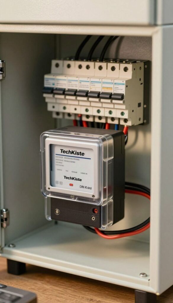 A detailed image of a DIN rail energy meter installed inside a modern electrical cabinet, showcasing the sleek and compact design of the device. The foreground features the energy meter labeled "TechKiste," clearly visible. In the middle, the cabinet is well-organized with various circuit breakers and wires, emphasizing a clean and efficient setup. The background shows a softly lit workspace with warm tones that create an inviting atmosphere, hinting at a tech-savvy environment. The lighting is warm and even, casting gentle shadows that highlight the metallic textures of the device. The camera angle is slightly elevated to capture both the meter and the surrounding components, enhancing the focus on the technical aspect while maintaining an authentic Pinterest-inspired look. A detailed image of a DIN rail energy meter installed inside a modern electrical cabinet, showcasing the sleek and compact design of the device. The foreground features the energy meter labeled "TechKiste," clearly visible. In the middle, the cabinet is well-organized with various circuit breakers and wires, emphasizing a clean and efficient setup. The background shows a softly lit workspace with warm tones that create an inviting atmosphere, hinting at a tech-savvy environment. The lighting is warm and even, casting gentle shadows that highlight the metallic textures of the device. The camera angle is slightly elevated to capture both the meter and the surrounding components, enhancing the focus on the technical aspect while maintaining an authentic Pinterest-inspired look.