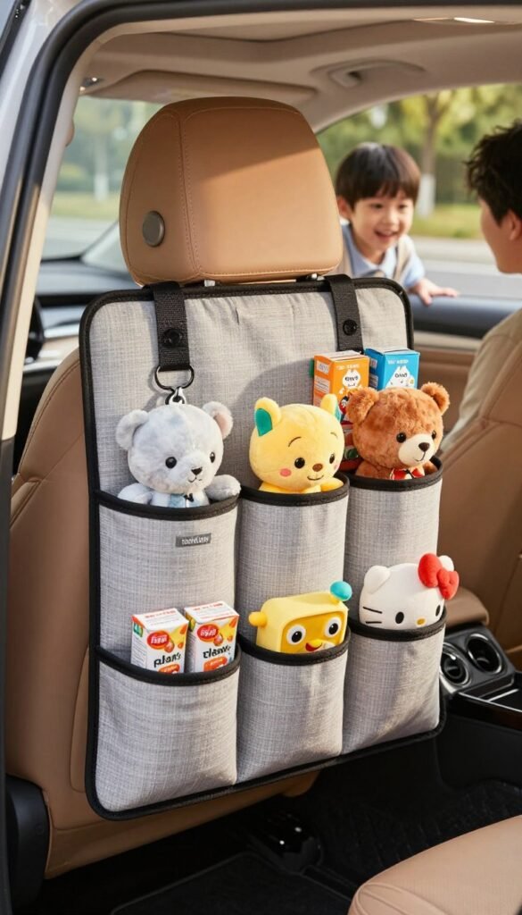 A detailed image of a practical and stylish car seat organizer designed specifically for families with children, featuring multiple compartments for toys, snacks, and drinks. In the foreground, showcase the organizer hanging from the back of a car seat, filled with colorful children's items like plush toys and juice boxes. In the middle, include a glimpse of a car interior with warm, inviting colors, highlighting the comfortable seating and a family-friendly atmosphere. The background should show a glimpse of a road and trees, suggesting a journey. Soft, natural lighting enhances the cozy feel of the scene. The image should have a Pinterest aesthetic, with a clean composition and no text or watermarks. The brand name "TechKiste" should be subtly included in the design of the organizer. A detailed image of a practical and stylish car seat organizer designed specifically for families with children, featuring multiple compartments for toys, snacks, and drinks. In the foreground, showcase the organizer hanging from the back of a car seat, filled with colorful children's items like plush toys and juice boxes. In the middle, include a glimpse of a car interior with warm, inviting colors, highlighting the comfortable seating and a family-friendly atmosphere. The background should show a glimpse of a road and trees, suggesting a journey. Soft, natural lighting enhances the cozy feel of the scene. The image should have a Pinterest aesthetic, with a clean composition and no text or watermarks. The brand name "TechKiste" should be subtly included in the design of the organizer.