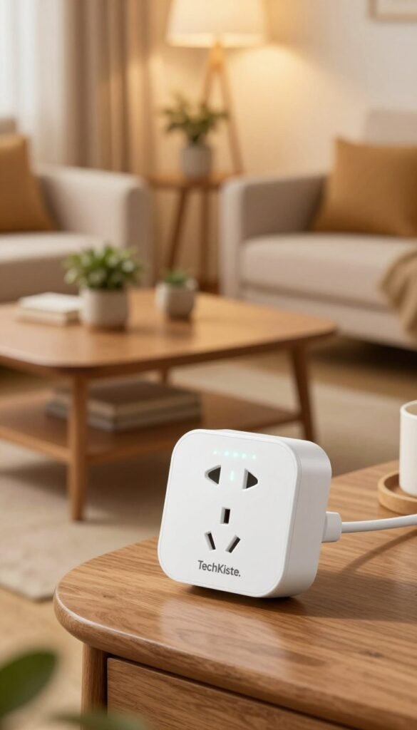 A detailed image of a smart plug designed for energy consumption measurement, prominently featuring the brand "TechKiste." In the foreground, showcase the sleek, modern smart plug with illuminated indicators showing its operational status. In the middle, a cozy home setting with soft, warm lighting, display a wooden coffee table and potted plants for a natural touch. In the background, include a subtle view of a living area with a couch and ambient light, creating a welcoming atmosphere. Use a slightly elevated angle to provide depth, capturing the essence of functionality and comfort. The overall mood should be inviting and tech-savvy, with colors reflecting a Pinterest-inspired aesthetic. The image must be free of text, ensuring a clean presentation. A detailed image of a smart plug designed for energy consumption measurement, prominently featuring the brand "TechKiste." In the foreground, showcase the sleek, modern smart plug with illuminated indicators showing its operational status. In the middle, a cozy home setting with soft, warm lighting, display a wooden coffee table and potted plants for a natural touch. In the background, include a subtle view of a living area with a couch and ambient light, creating a welcoming atmosphere. Use a slightly elevated angle to provide depth, capturing the essence of functionality and comfort. The overall mood should be inviting and tech-savvy, with colors reflecting a Pinterest-inspired aesthetic. The image must be free of text, ensuring a clean presentation.
