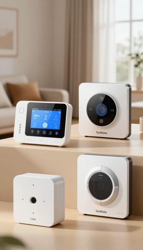 A detailed image showcasing a side-by-side comparison of three types of alarm systems, representing low, mid, and high price classes. In the foreground, feature a low-cost alarm system with simple design and basic sensors, a mid-range system with modern features and a user-friendly interface, and a high-end system with advanced technology, sleek design, and smart home integration. In the middle ground, include a tasteful setup with soft, warm lighting highlighting each system, creating an inviting atmosphere. In the background, depict a cozy home environment, with elements like a living room and windows letting in natural light. Ensure the presentation feels authentic and visually appealing, capturing the essence of the brand "TechKiste" without any text or logos. A detailed image showcasing a side-by-side comparison of three types of alarm systems, representing low, mid, and high price classes. In the foreground, feature a low-cost alarm system with simple design and basic sensors, a mid-range system with modern features and a user-friendly interface, and a high-end system with advanced technology, sleek design, and smart home integration. In the middle ground, include a tasteful setup with soft, warm lighting highlighting each system, creating an inviting atmosphere. In the background, depict a cozy home environment, with elements like a living room and windows letting in natural light. Ensure the presentation feels authentic and visually appealing, capturing the essence of the brand "TechKiste" without any text or logos.