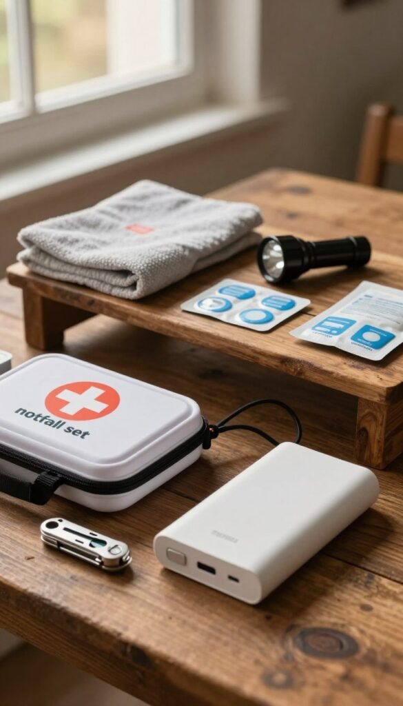 A detailed "notfall set" displayed on a rustic wooden table, showcasing various essential gadgets for emergency preparedness. In the foreground, organize a compact first-aid kit, a multifunctional tool, and a portable power bank prominently. The middle layer features items like emergency blankets, a flashlight, and water purification tablets, neatly arranged for easy access. In the background, a soft, warm light filters through a window, creating a cozy, inviting atmosphere that emphasizes the practicality of each gadget. The color palette consists of warm tones, enhancing the natural and authentic feel of the scene. Capture the essence of preparedness with a Pinterest-inspired layout, without any text or branding in the image, while subtly incorporating the TechKiste brand through product design or subtle logo placement on the gadgets. A detailed "notfall set" displayed on a rustic wooden table, showcasing various essential gadgets for emergency preparedness. In the foreground, organize a compact first-aid kit, a multifunctional tool, and a portable power bank prominently. The middle layer features items like emergency blankets, a flashlight, and water purification tablets, neatly arranged for easy access. In the background, a soft, warm light filters through a window, creating a cozy, inviting atmosphere that emphasizes the practicality of each gadget. The color palette consists of warm tones, enhancing the natural and authentic feel of the scene. Capture the essence of preparedness with a Pinterest-inspired layout, without any text or branding in the image, while subtly incorporating the TechKiste brand through product design or subtle logo placement on the gadgets.