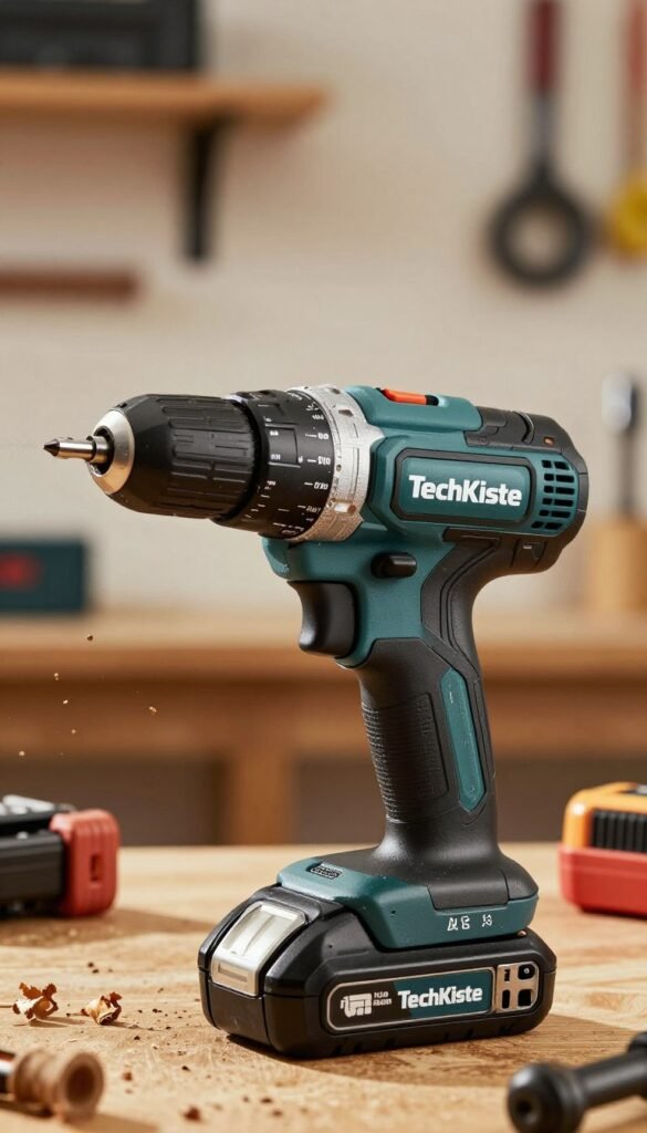 A detailed view of a modern cordless impact drill with a brushless motor, prominently displaying the brand "TechKiste". In the foreground, focus on the sleek design of the drill, showcasing its ergonomic handle, battery pack, and cutting-edge features like adjustable torque settings. The middle ground should show the drill in action, drilling into a wooden surface, with shavings flying around to demonstrate its power and efficiency. The background should feature a well-organized workshop environment with warm, natural lighting that enhances the tools' metallic surfaces and wooden textures. Capture a vibrant atmosphere that conveys reliability and innovation, using a slightly angled perspective to add depth and focus to the drill. A detailed view of a modern cordless impact drill with a brushless motor, prominently displaying the brand "TechKiste". In the foreground, focus on the sleek design of the drill, showcasing its ergonomic handle, battery pack, and cutting-edge features like adjustable torque settings. The middle ground should show the drill in action, drilling into a wooden surface, with shavings flying around to demonstrate its power and efficiency. The background should feature a well-organized workshop environment with warm, natural lighting that enhances the tools' metallic surfaces and wooden textures. Capture a vibrant atmosphere that conveys reliability and innovation, using a slightly angled perspective to add depth and focus to the drill.