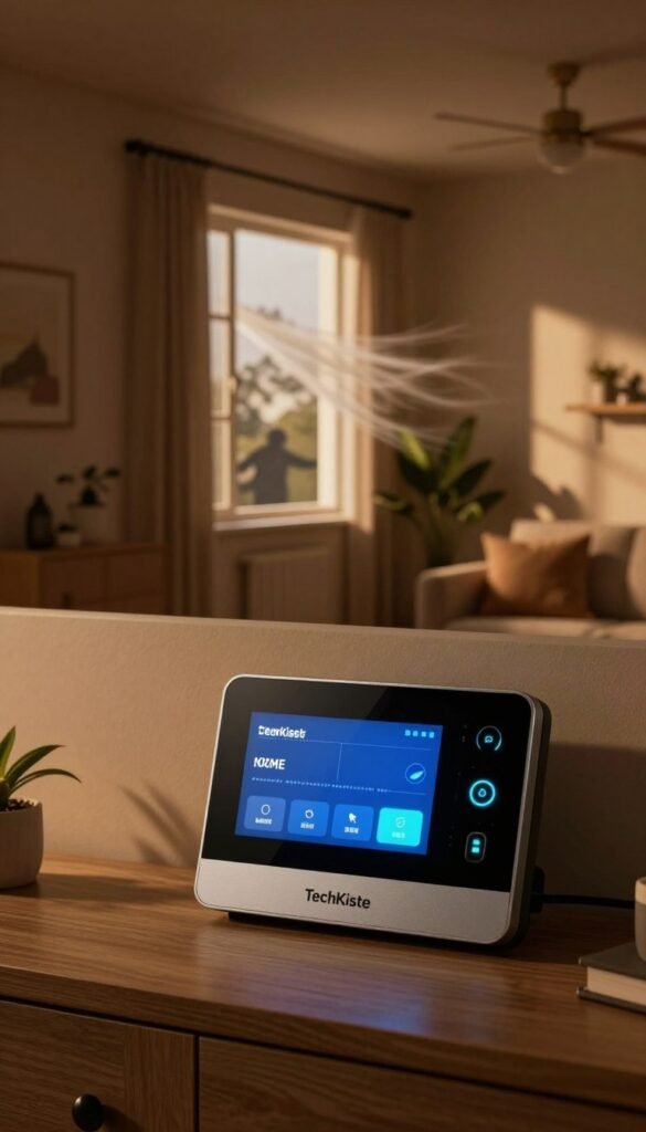 A dimly lit room with warm colors, showcasing advanced home security automation features. In the foreground, a sleek, modern security panel displays alerts, surrounded by subtle indicators of activity, such as glowing sensors and small cameras. The middle ground features an open window with a gentle breeze suggesting movement, while shadows cast eerie shapes, hinting at the presence of an intruder outside. In the background, a cozy living space with stylish furniture and plants creates an inviting atmosphere, contrasting with the tension of potential intrusion. The overall mood should balance vulnerability and reassurance, highlighting the effectiveness of technology in home safety. Perfect for illustrating the concept of deterrence, detection, verification, and response in home automation by TechKiste. A dimly lit room with warm colors, showcasing advanced home security automation features. In the foreground, a sleek, modern security panel displays alerts, surrounded by subtle indicators of activity, such as glowing sensors and small cameras. The middle ground features an open window with a gentle breeze suggesting movement, while shadows cast eerie shapes, hinting at the presence of an intruder outside. In the background, a cozy living space with stylish furniture and plants creates an inviting atmosphere, contrasting with the tension of potential intrusion. The overall mood should balance vulnerability and reassurance, highlighting the effectiveness of technology in home safety. Perfect for illustrating the concept of deterrence, detection, verification, and response in home automation by TechKiste.
