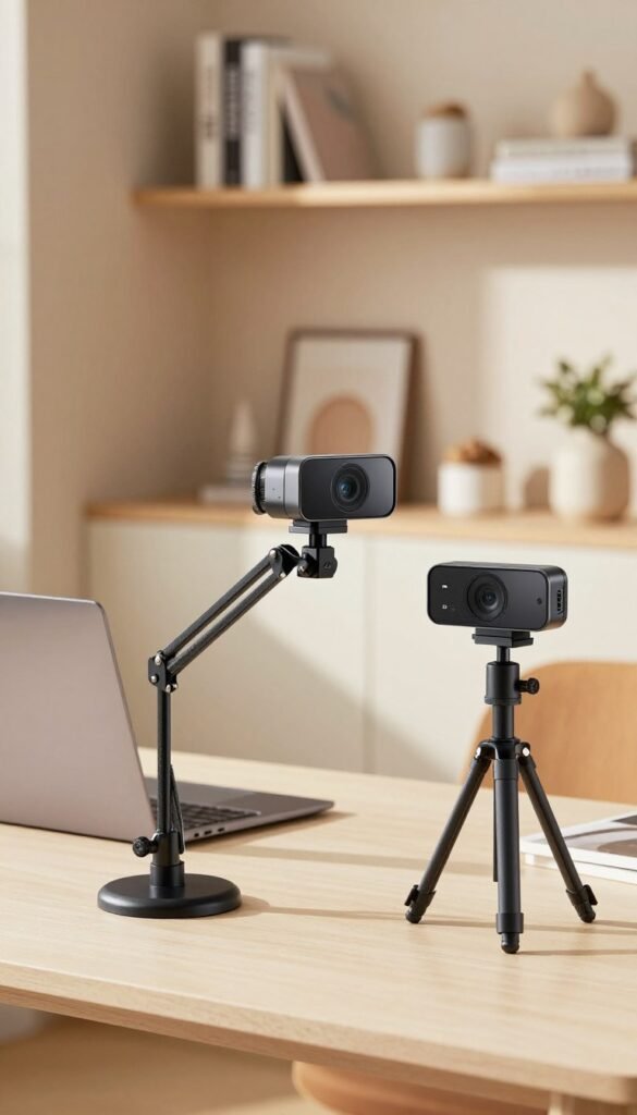A dynamic and modern home office setup showcasing a professional webcam with versatile mounting options. In the foreground, display the webcam mounted on a clamp base, highlighting its adjustable arm and flexibility. To one side, include a traditional tripod showcasing the camera's tripod thread, emphasizing stability. The webcam should have a sleek design with subtle branding "TechKiste." In the middle, an elegant workstation with a laptop and minimalistic decor, surrounded by warm, natural lighting that creates an inviting atmosphere. In the background, a well-organized shelf with books and decor elements, enhancing the Pinterest aesthetic. The overall mood is professional yet cozy, suitable for remote work environments, with a focus on functionality and adaptability.