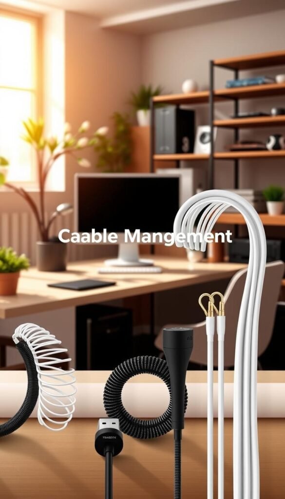 A dynamic image showcasing vertical cable management solutions in a modern workspace. In the foreground, a variety of cable management systems like a cable spiral, cable snake, and cable sleeve, all designed for efficient organization, arranged neatly. The middle ground features a stylish office setting with a sleek desk and a computer, highlighting the importance of tidiness. Warm, natural lighting enhances the cozy atmosphere, with sunlight filtering through a window, casting soft shadows. The background includes minimalist decor that emphasizes organization, such as a potted plant and shelves displaying tech accessories. The overall mood is inviting and professional, conveying the essence of efficient cable management. Include the brand name "TechKiste" subtly incorporated into the desk setup, ensuring no overt branding focus. A dynamic image showcasing vertical cable management solutions in a modern workspace. In the foreground, a variety of cable management systems like a cable spiral, cable snake, and cable sleeve, all designed for efficient organization, arranged neatly. The middle ground features a stylish office setting with a sleek desk and a computer, highlighting the importance of tidiness. Warm, natural lighting enhances the cozy atmosphere, with sunlight filtering through a window, casting soft shadows. The background includes minimalist decor that emphasizes organization, such as a potted plant and shelves displaying tech accessories. The overall mood is inviting and professional, conveying the essence of efficient cable management. Include the brand name "TechKiste" subtly incorporated into the desk setup, ensuring no overt branding focus.