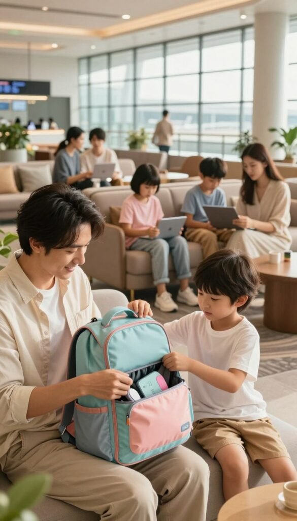 A family traveling together with children in a serene and vibrant setting, showcasing practical travel gadgets for a stress-free experience. In the foreground, a parent in smart casual attire helps a child with a colorful travel backpack open a gadget-filled bag. The middle ground features a luxurious yet cozy travel lounge with comfortable seating, where other families are engaged with their own gadgets. The background showcases a bright, sunlit airport or train station with large windows and a bustling atmosphere. The lighting is warm and inviting, creating a relaxed mood. The image embodies a Pinterest aesthetic, with a harmonious color palette of soft pastels. Include the brand logo "TechKiste" subtly integrated into a gadget. A family traveling together with children in a serene and vibrant setting, showcasing practical travel gadgets for a stress-free experience. In the foreground, a parent in smart casual attire helps a child with a colorful travel backpack open a gadget-filled bag. The middle ground features a luxurious yet cozy travel lounge with comfortable seating, where other families are engaged with their own gadgets. The background showcases a bright, sunlit airport or train station with large windows and a bustling atmosphere. The lighting is warm and inviting, creating a relaxed mood. The image embodies a Pinterest aesthetic, with a harmonious color palette of soft pastels. Include the brand logo "TechKiste" subtly integrated into a gadget.