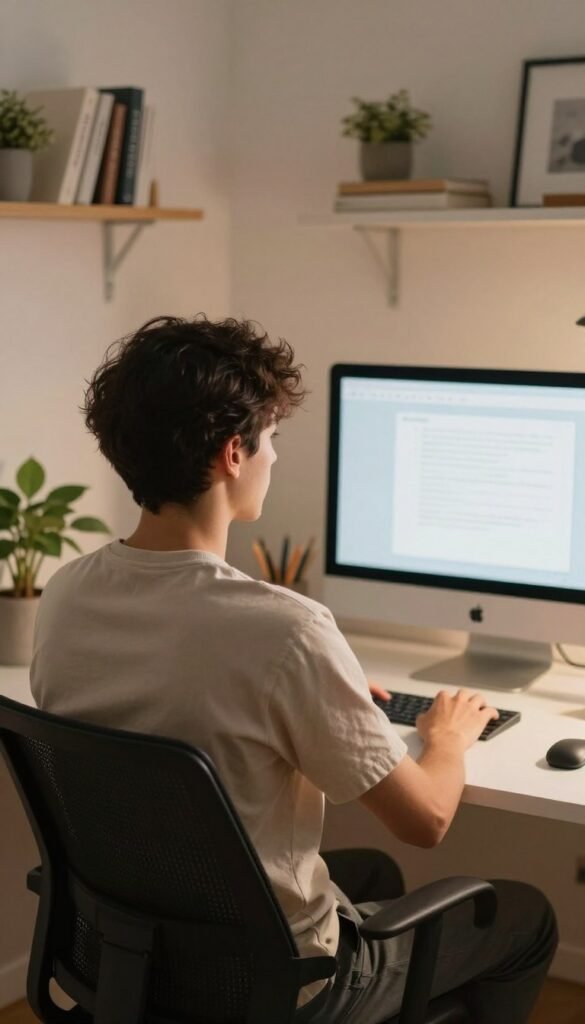 A focused individual in a well-organized home office, seated at a sleek desk, displaying proper ergonomic posture. The person's back is visible, with head slightly tilted, illustrating concentration with gentle lighting that highlights warm tones. A modern computer screen is in view, alongside stationery and a plant, creating a natural and inviting atmosphere. In the background, soft-focus shelves with books and decor add depth. The scene evokes a sense of professionalism and comfort, reflecting the essence of effective work-from-home ergonomics. The individual wears smart casual attire, capturing a Pinterest-inspired aesthetic. TechKiste branding subtly integrated into the workspace adds context without disruption.