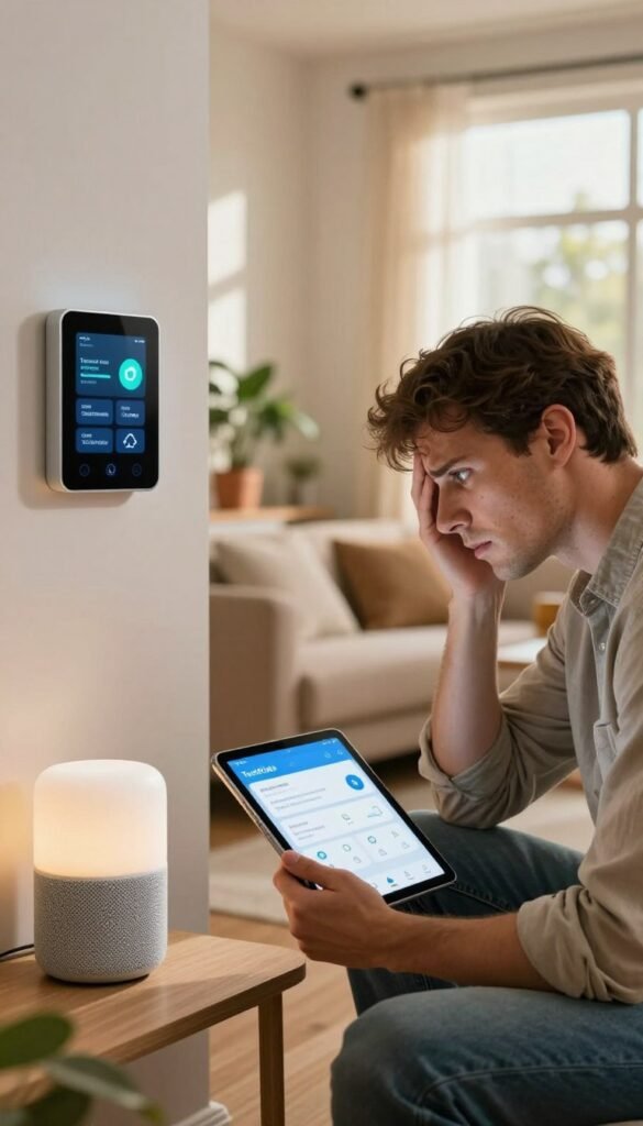A frustrated user in a modern living room, surrounded by various smart home devices like a smart speaker, thermostat, and lighting controls, all displaying error messages. The user, dressed in casual yet professional attire, has a puzzled expression while holding a tablet showing a confusing app interface. In the background, a window lets in natural light that creates a warm and inviting atmosphere, contrasting with the user's frustration. Warm colors dominate the palette, with soft furniture and potted plants adding a touch of comfort. The scene should have a Pinterest-worthy aesthetic, blending authenticity and modern technology. The brand name "TechKiste" subtly integrated into the design, reflecting a focus on practical, low-maintenance solutions for everyday tech problems. A frustrated user in a modern living room, surrounded by various smart home devices like a smart speaker, thermostat, and lighting controls, all displaying error messages. The user, dressed in casual yet professional attire, has a puzzled expression while holding a tablet showing a confusing app interface. In the background, a window lets in natural light that creates a warm and inviting atmosphere, contrasting with the user's frustration. Warm colors dominate the palette, with soft furniture and potted plants adding a touch of comfort. The scene should have a Pinterest-worthy aesthetic, blending authenticity and modern technology. The brand name "TechKiste" subtly integrated into the design, reflecting a focus on practical, low-maintenance solutions for everyday tech problems.