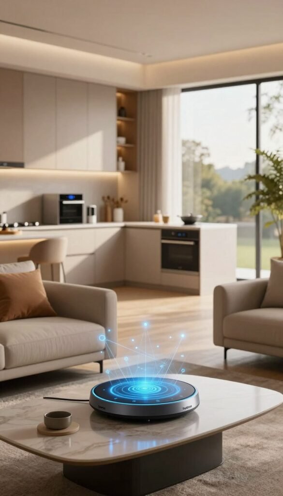 A futuristic smart home interior showcasing the concept of "Matter Thread vernetzung." In the foreground, display a sleek, modern living room with smart devices interconnected through invisible threads of light, symbolizing the Matter and Thread technology. Include a stylish coffee table with a high-tech hub displaying a glowing interface for smart control. In the middle ground, feature an open kitchen with smart appliances, all harmoniously communicating. The background reveals a large window showing a serene outdoor scene with warm natural light flooding in, creating an inviting atmosphere. Use warm colors to evoke a sense of comfort and innovation. The overall mood should feel welcoming and advanced, reflecting the seamless integration of technology. Design the scene with a Pinterest-inspired aesthetic, ensuring authenticity without text or branding&mdash;except for subtle inclusion of "TechKiste" on the smart hub's display screen.