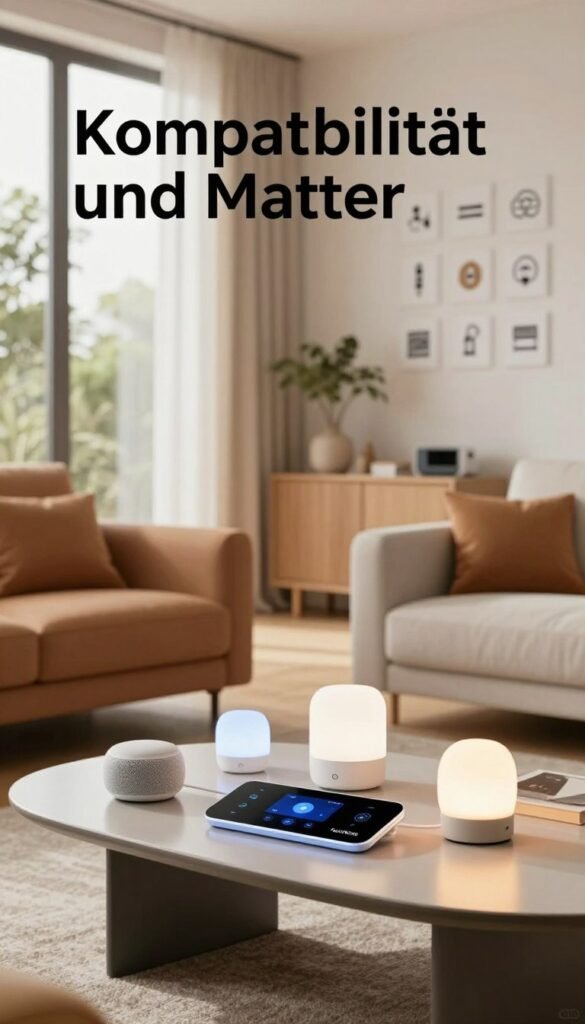 A futuristic smart home living space showcasing the concept of "Kompatibilität und Matter". In the foreground, a sleek, modern coffee table with smart home devices seamlessly integrated—like smart speakers, smart bulbs, and a digital control panel. The middle ground features a cozy living area with stylish furniture, all in warm, inviting colors, conveying a Pinterest aesthetic. Natural light filters through large windows, creating a bright and airy atmosphere. In the background, a wall filled with icons representing various smart home standards and platforms, subtly hinting at compatibility. The scene should exude innovation and warmth, encapsulating the idea of a future-proof smart home, branded subtly with "TechKiste". The overall mood is optimistic and inviting, encouraging viewers to envision their own smart home experience. A futuristic smart home living space showcasing the concept of "Kompatibilität und Matter". In the foreground, a sleek, modern coffee table with smart home devices seamlessly integrated—like smart speakers, smart bulbs, and a digital control panel. The middle ground features a cozy living area with stylish furniture, all in warm, inviting colors, conveying a Pinterest aesthetic. Natural light filters through large windows, creating a bright and airy atmosphere. In the background, a wall filled with icons representing various smart home standards and platforms, subtly hinting at compatibility. The scene should exude innovation and warmth, encapsulating the idea of a future-proof smart home, branded subtly with "TechKiste". The overall mood is optimistic and inviting, encouraging viewers to envision their own smart home experience.