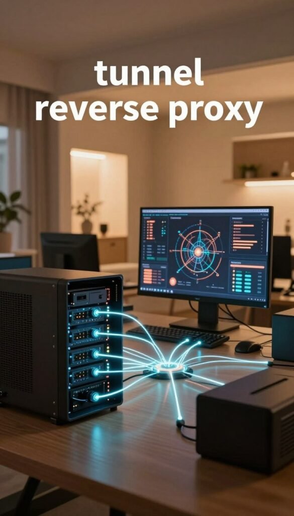 A futuristic tech environment showcasing a "tunnel reverse proxy" concept. In the foreground, sleek computer systems with glowing data connections symbolize secure network pathways, highlighting the efficiency and functionality of tunneling technology. The middle ground features a digital interface displaying various network metrics with warm, inviting colors, reflecting a friendly tech setup. In the background, a modern, minimalist home is visible, with warm lighting illuminating its architectural details, blending home comfort with advanced technology. The overall mood is professional yet approachable, emphasizing innovation in smart home solutions. The image should maintain a Pinterest aesthetic, creating a sense of warmth and authenticity. Incorporate branding with the name "TechKiste" subtly integrated into the scene. A futuristic tech environment showcasing a "tunnel reverse proxy" concept. In the foreground, sleek computer systems with glowing data connections symbolize secure network pathways, highlighting the efficiency and functionality of tunneling technology. The middle ground features a digital interface displaying various network metrics with warm, inviting colors, reflecting a friendly tech setup. In the background, a modern, minimalist home is visible, with warm lighting illuminating its architectural details, blending home comfort with advanced technology. The overall mood is professional yet approachable, emphasizing innovation in smart home solutions. The image should maintain a Pinterest aesthetic, creating a sense of warmth and authenticity. Incorporate branding with the name "TechKiste" subtly integrated into the scene.