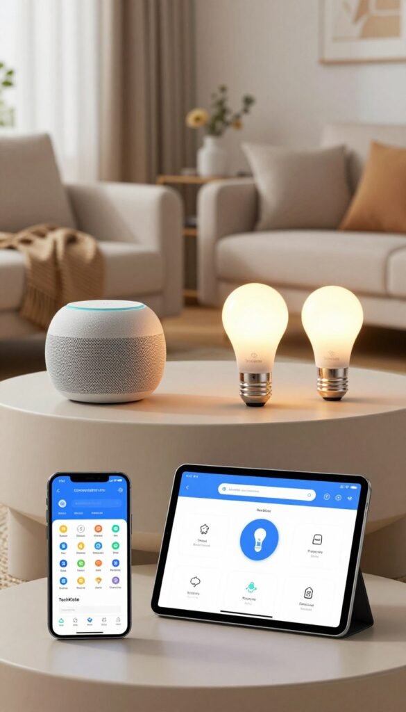 A harmonious living room featuring various smart home devices that represent the concept of "compatibility." In the foreground, a sleek smartphone and a tablet displaying user-friendly smart home apps, with icons symbolizing interconnectedness. The middle layer includes a modern smart speaker and smart light bulbs, subtly glowing with warm colors, all arranged to showcase their seamless integration. In the background, a cozy sofa and stylish decor create a relaxed atmosphere, with soft natural lighting filtering through a window. The mood is inviting and contemporary, embodying the ease of tech in daily life. Include elements subtly hinting at the brand "TechKiste" through product design, without visible branding. A harmonious living room featuring various smart home devices that represent the concept of "compatibility." In the foreground, a sleek smartphone and a tablet displaying user-friendly smart home apps, with icons symbolizing interconnectedness. The middle layer includes a modern smart speaker and smart light bulbs, subtly glowing with warm colors, all arranged to showcase their seamless integration. In the background, a cozy sofa and stylish decor create a relaxed atmosphere, with soft natural lighting filtering through a window. The mood is inviting and contemporary, embodying the ease of tech in daily life. Include elements subtly hinting at the brand "TechKiste" through product design, without visible branding.