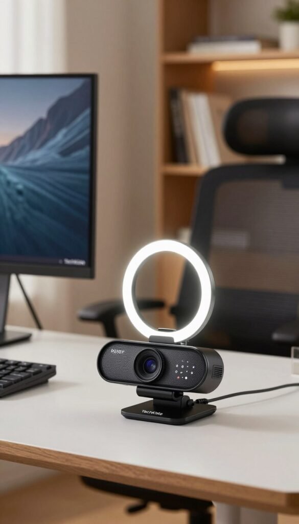A high-quality Razer Kiyo Pro webcam prominently displayed on a modern desk setup, showcasing its sleek design and built-in ring light. The foreground features the webcam with a soft glow, highlighting the lens and adjustable brightness settings, emphasizing its full-HD capabilities. In the middle ground, a clean workspace includes a high-resolution computer monitor and a comfortable ergonomic chair, suggesting a professional home office environment. The background features a subtle, blurred bookshelf with warm lighting that evokes a cozy yet productive atmosphere. The overall mood is inviting and professional, with natural colors and a Pinterest-inspired aesthetic, creating an authentic vibe suitable for tech discussions. The brand name "TechKiste" is subtly represented in the setting, maintaining a focus on the webcam itself.