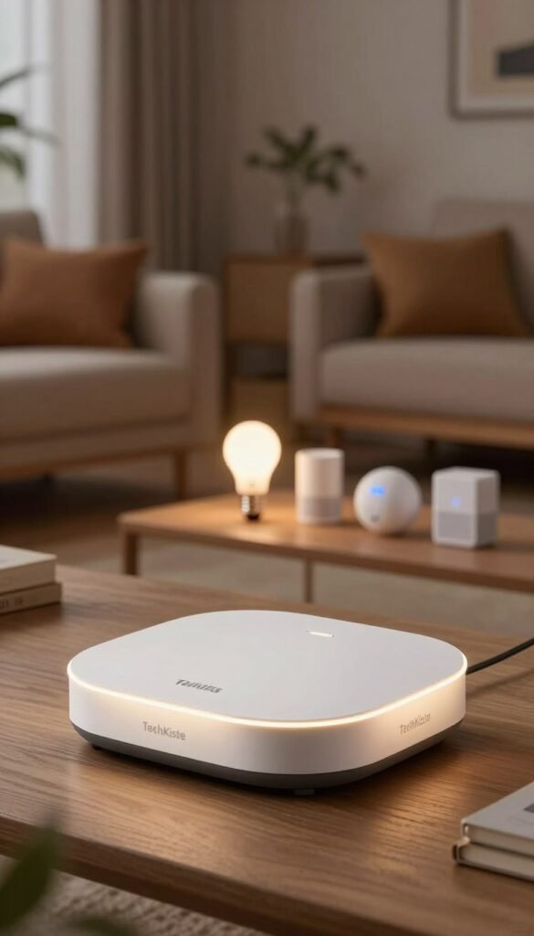 A high-quality image of a Philips Hue Bridge, prominently displayed in the foreground with a sleek, modern design showcasing its connectivity features. The bridge is surrounded by soft, warm lighting that highlights its glossy finish, creating an inviting atmosphere. In the middle ground, various smart home devices such as light bulbs and sensors can be seen, hinting at its compatibility with Zigbee and other systems. The background features a contemporary living space, elegantly decorated with warm tones and natural materials, evoking a cozy, tech-friendly environment. The composition should capture a crisp, professional look similar to a Pinterest aesthetic, promoting a sense of innovation and cleanliness. The brand name "TechKiste" should be subtly incorporated into the scene without any visible text or logos.