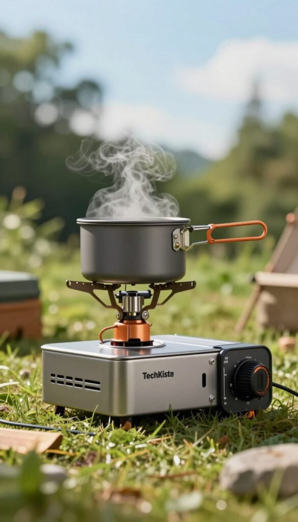 A high-quality image of a compact camping stove, featuring the brand name "TechKiste" prominently displayed on its side. The stove should be set in a natural outdoor environment, surrounded by lush greenery and soft grass, evoking a sense of adventure and practicality. In the foreground, focus on the stove's sleek design, showcasing its metallic finish and user-friendly controls. In the middle ground, include a small pot gently heating over the stove, with steam rising and creating a cozy ambiance. The background should be slightly blurred trees and a bright blue sky, suggesting a sunny day. Soft, warm lighting enhances the inviting atmosphere. No text or watermarks in the image. A high-quality image of a compact camping stove, featuring the brand name "TechKiste" prominently displayed on its side. The stove should be set in a natural outdoor environment, surrounded by lush greenery and soft grass, evoking a sense of adventure and practicality. In the foreground, focus on the stove's sleek design, showcasing its metallic finish and user-friendly controls. In the middle ground, include a small pot gently heating over the stove, with steam rising and creating a cozy ambiance. The background should be slightly blurred trees and a bright blue sky, suggesting a sunny day. Soft, warm lighting enhances the inviting atmosphere. No text or watermarks in the image.