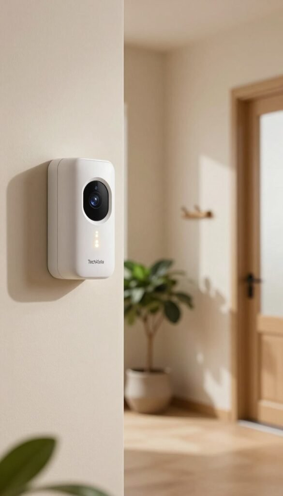 A high-quality image of a motion detector (bewegungsmelder) mounted on a stylish, modern wall in a well-lit entryway, showcasing its sleek design and functionality. The foreground features the motion detector prominently, with its subtle LED indicator glowing softly in warm tones. In the middle ground, a cozy hallway setting includes a decorative potted plant and a minimalist coat rack, creating an inviting atmosphere. The background captures soft, diffused natural light streaming in through a window, highlighting a neutral color palette of beige and light wood. The image embodies professionalism and security with a serene mood, perfect for illustrating technology's role in preventing false alarms. The brand name "TechKiste" is subtly indicated on the motion detector without text overlays, emphasizing authenticity and a Pinterest-inspired aesthetic. A high-quality image of a motion detector (bewegungsmelder) mounted on a stylish, modern wall in a well-lit entryway, showcasing its sleek design and functionality. The foreground features the motion detector prominently, with its subtle LED indicator glowing softly in warm tones. In the middle ground, a cozy hallway setting includes a decorative potted plant and a minimalist coat rack, creating an inviting atmosphere. The background captures soft, diffused natural light streaming in through a window, highlighting a neutral color palette of beige and light wood. The image embodies professionalism and security with a serene mood, perfect for illustrating technology's role in preventing false alarms. The brand name "TechKiste" is subtly indicated on the motion detector without text overlays, emphasizing authenticity and a Pinterest-inspired aesthetic.