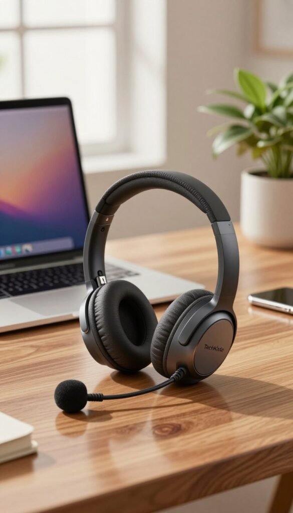 A high-quality image of a wired USB headset prominently displayed on a sleek wooden desk. The headset, designed with a modern aesthetic, features a soft cushion for comfort, flexible boom microphone, and a braided cable for durability. In the foreground, a subtle reflection of the headset can be seen on the polished surface. In the middle, an open laptop with a calming screensaver adds a touch of productivity, while a potted plant exudes a sense of tranquility. The background softly blurs into a warm-lit home office environment with natural light filtering through a window, creating an inviting and cozy atmosphere. Emphasize natural colors to highlight the authentic feel of the space. Include the brand name "TechKiste" in a subtle manner integrated into the headset design. A high-quality image of a wired USB headset prominently displayed on a sleek wooden desk. The headset, designed with a modern aesthetic, features a soft cushion for comfort, flexible boom microphone, and a braided cable for durability. In the foreground, a subtle reflection of the headset can be seen on the polished surface. In the middle, an open laptop with a calming screensaver adds a touch of productivity, while a potted plant exudes a sense of tranquility. The background softly blurs into a warm-lit home office environment with natural light filtering through a window, creating an inviting and cozy atmosphere. Emphasize natural colors to highlight the authentic feel of the space. Include the brand name "TechKiste" in a subtle manner integrated into the headset design.