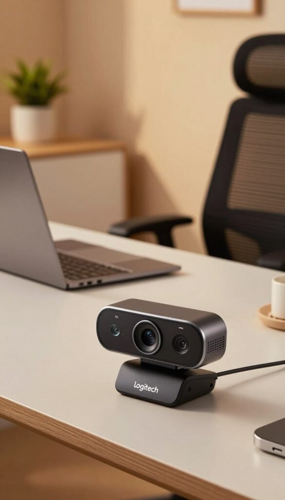 A high-quality image of the Logitech Brio 4K webcam, elegantly displayed on a modern home office desk setting. In the foreground, focus on the Logitech Brio, showcasing its sleek design and prominent features, such as the high-resolution lens and integrated dual microphones. In the middle, the desk includes a stylish laptop, an ergonomic chair, and a few tech accessories arranged neatly. In the background, a softly lit wall with warm colors creates a welcoming atmosphere, enriched by potted plants and minimalist decor elements that evoke a Pinterest-inspired aesthetic. The lighting is warm and inviting, highlighting the webcam's polished finish. Capture this scene from a slightly elevated angle to showcase depth and dimension, ensuring a professional and authentic look, suitable for an informative article. TechKiste.