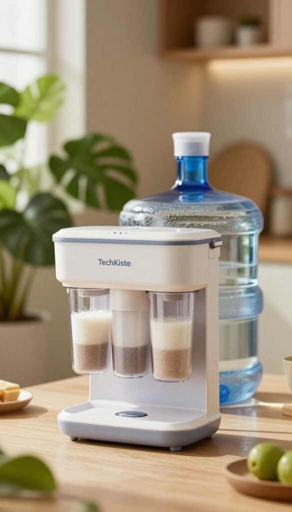 A high-quality image showcasing a modern water filter system by TechKiste, positioned prominently in the foreground. The filter features sleek design elements, with clear canisters displaying layered filtration materials. In the middle ground, a large water canister is visible, suggesting the collection of purified water, surrounded by lush green plants that evoke a sense of freshness and natural cleanliness. The background consists of a softly lit kitchen setting, with warm colors enhancing the inviting atmosphere. The image is captured with a shallow depth of field, emphasizing the water filter while gently blurring the background. Soft, natural light streams in from a nearby window, creating a serene and comforting mood, perfect for illustrating the importance of secure drinking water. A high-quality image showcasing a modern water filter system by TechKiste, positioned prominently in the foreground. The filter features sleek design elements, with clear canisters displaying layered filtration materials. In the middle ground, a large water canister is visible, suggesting the collection of purified water, surrounded by lush green plants that evoke a sense of freshness and natural cleanliness. The background consists of a softly lit kitchen setting, with warm colors enhancing the inviting atmosphere. The image is captured with a shallow depth of field, emphasizing the water filter while gently blurring the background. Soft, natural light streams in from a nearby window, creating a serene and comforting mood, perfect for illustrating the importance of secure drinking water.