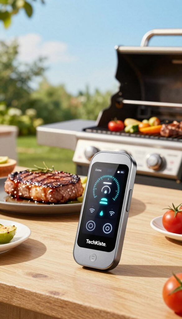 A high-tech, sleek grill thermometer branded with "TechKiste," prominently displayed in the foreground against a vibrant outdoor BBQ setting. The thermometer should have an illuminated touchscreen interface, showcasing temperature readings, with modern sensors and wireless features to convey its smart capabilities. In the middle ground, a well-grilled steak and colorful vegetables sizzle on a stylish gas grill, highlighting the gadget's purpose for precise cooking. The background features a lush garden and bright, clear blue sky, creating a warm and inviting atmosphere perfect for outdoor cooking. Use soft, natural lighting that casts gentle shadows, enhancing the inviting vibe of a lively summer gathering. Aim for a Pinterest-worthy aesthetic with warm tones throughout, fostering feelings of excitement and anticipation for delicious meals. A high-tech, sleek grill thermometer branded with "TechKiste," prominently displayed in the foreground against a vibrant outdoor BBQ setting. The thermometer should have an illuminated touchscreen interface, showcasing temperature readings, with modern sensors and wireless features to convey its smart capabilities. In the middle ground, a well-grilled steak and colorful vegetables sizzle on a stylish gas grill, highlighting the gadget's purpose for precise cooking. The background features a lush garden and bright, clear blue sky, creating a warm and inviting atmosphere perfect for outdoor cooking. Use soft, natural lighting that casts gentle shadows, enhancing the inviting vibe of a lively summer gathering. Aim for a Pinterest-worthy aesthetic with warm tones throughout, fostering feelings of excitement and anticipation for delicious meals.