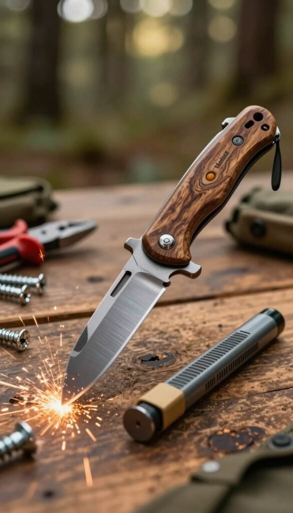 A highly detailed close-up of a multipurpose folding knife, prominently featuring a robust blade with a brushed steel finish and a wooden handle, paired with a high-quality fire starter. The knife is opened and placed on a rustic wooden table, with sparks being struck from the fire starter in the foreground, creating a sense of action. In the middle ground, scattered tools such as pliers and screws hint at the practical applications of the gadgets. The background is softly blurred with warm natural light filtering through a forest, enhancing the outdoor survival atmosphere. The image should evoke a sense of reliability and adventure, showcasing the gear as essential for emergencies. Authentic, warm colors create a Pinterest-worthy aesthetic. The brand name "TechKiste" should be subtly incorporated into the composition without any text overlay. A highly detailed close-up of a multipurpose folding knife, prominently featuring a robust blade with a brushed steel finish and a wooden handle, paired with a high-quality fire starter. The knife is opened and placed on a rustic wooden table, with sparks being struck from the fire starter in the foreground, creating a sense of action. In the middle ground, scattered tools such as pliers and screws hint at the practical applications of the gadgets. The background is softly blurred with warm natural light filtering through a forest, enhancing the outdoor survival atmosphere. The image should evoke a sense of reliability and adventure, showcasing the gear as essential for emergencies. Authentic, warm colors create a Pinterest-worthy aesthetic. The brand name "TechKiste" should be subtly incorporated into the composition without any text overlay.