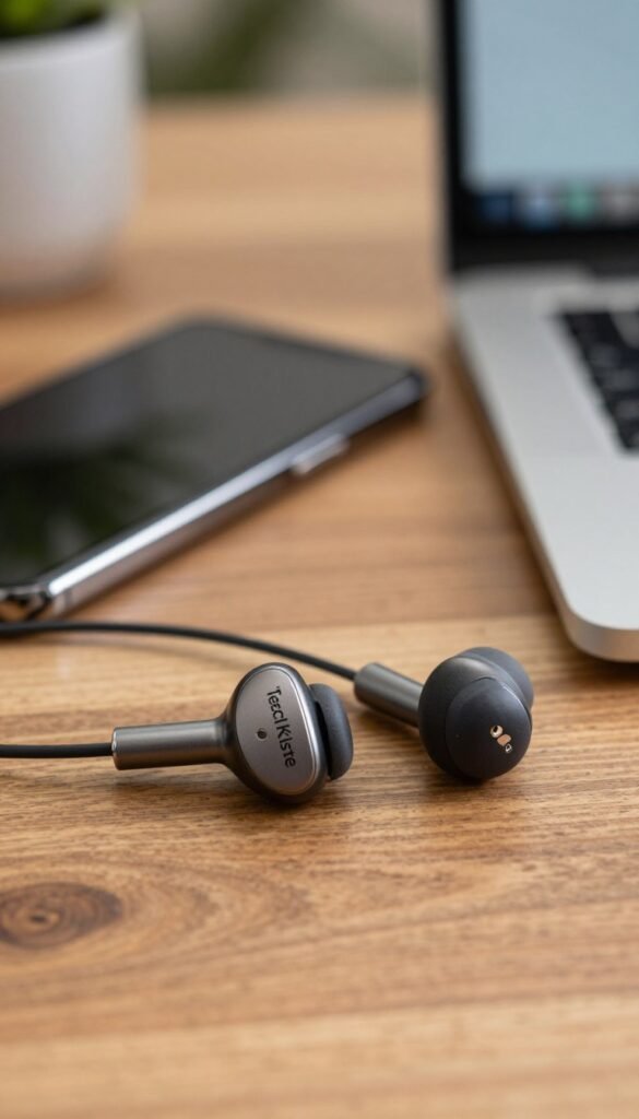 A highly detailed close-up of stylish in-ear headphones, the "TechKiste" brand, resting on a wooden surface. The foreground features the headphones with intricate design details, showcasing their sleek metallic finish and soft ear tips. In the middle, there is a blurred smartphone and an open laptop, subtly hinting at connectivity and everyday use. The background is softly blurred with warm, natural lighting that creates an inviting atmosphere, reminiscent of a cozy workspace. The image captures a serene and professional mood, suitable for daily audio experiences, evoking a sense of quality and modern technology without any text or overlays.